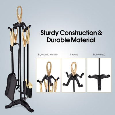 Costway 5 PCS Fire Companion Set Iron Fireplace Fireside Tool Brush Poker Tongs Shovel - 8