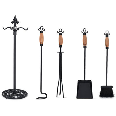 Costway 5 PCS Fire Companion Set Iron Fireplace Fireside Tools Brush Poker Tongs Shove Set