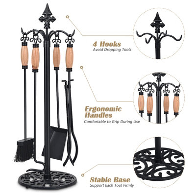 Costway 5 PCS Fire Companion Set Iron Fireplace Fireside Tools Brush Poker Tongs Shove Set - 5