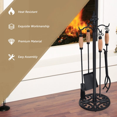 Costway 5 PCS Fire Companion Set Iron Fireplace Fireside Tools Brush Poker Tongs Shove Set - 6