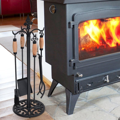 Costway 5 PCS Fire Companion Set Iron Fireplace Fireside Tools Brush Poker Tongs Shove Set - 9