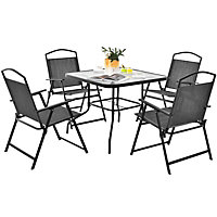 Costway 5 Pcs Folding Dining Table Set 4 Chairs Tempered Glass Table w/ Umbrella Hole