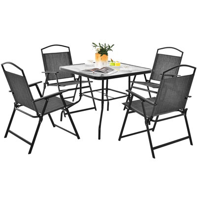 Costway 5 Pcs Folding Dining Table Set 4 Chairs Tempered Glass Table w/ Umbrella Hole