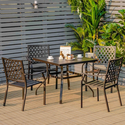 Costway 5 PCS Metal Patio Dining Furniture Set Square Dining Table w/ Umbrella Hole - 4