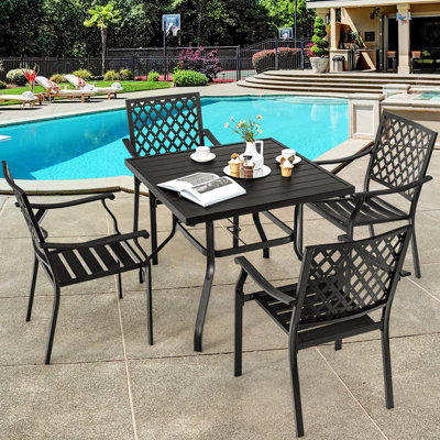 Costway 5 PCS Metal Patio Dining Furniture Set Square Dining Table w/ Umbrella Hole - 5