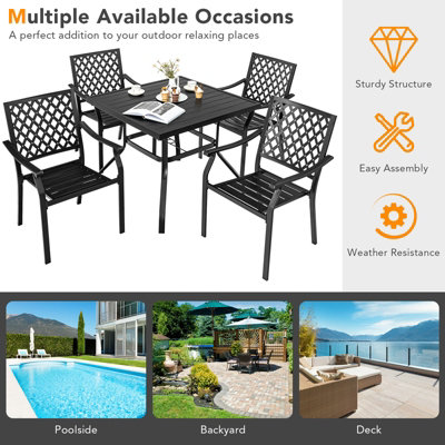Costway 5 PCS Metal Patio Dining Furniture Set Square Dining Table w/ Umbrella Hole - 6