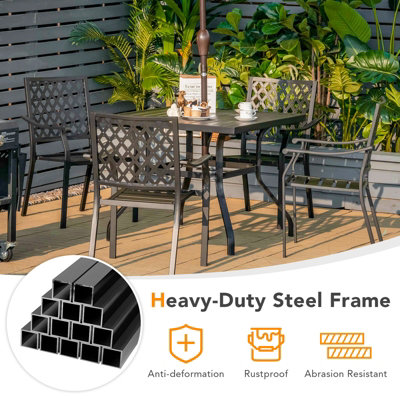 Costway 5 PCS Metal Patio Dining Furniture Set Square Dining Table w/ Umbrella Hole - 7