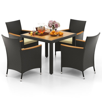 COSTWAY 5 PCS Patio Dining Table Set for 4 Rattan Conversation Set w/ Umbrella Hole