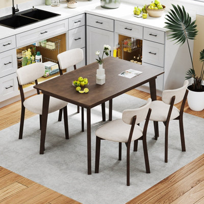 COSTWAY 5-Piece Dining Table Set Wooden Table & 4 Upholstered Chairs w/ Rubber Wood Frame