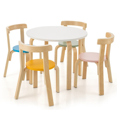 Costway 5 Piece Kids Table and Chair Set Children Wooden Activity Table 4 Curved Chairs DIY at B Q