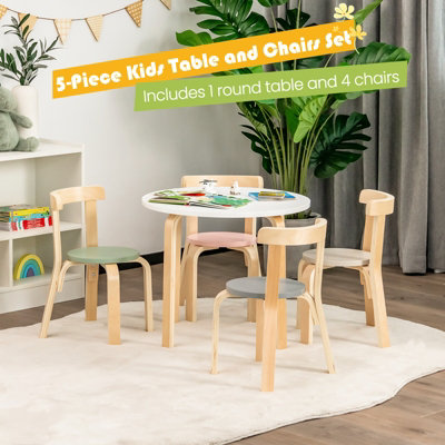 Costway 5 Piece Kids Table and Chair Set Children Wooden Activity Table 4 Curved Chairs DIY at B Q