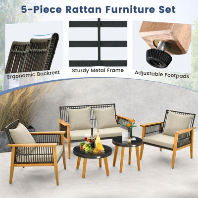 5 Piece Patio Conversation Set With Ottomans And Coffee Table