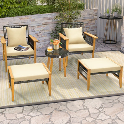 Costway 5 Piece Patio Furniture Set Garden Wicker Woven Chair Set w/ Coffee Table & 2 Ottomans