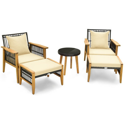 Costway 5 Piece Patio Furniture Set Garden Wicker Woven Chair Set w/ Coffee Table & 2 Ottomans