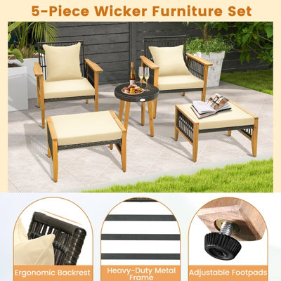 Costway 5 Piece Patio Furniture Set Garden Wicker Woven Chair Set w/ Coffee Table & 2 Ottomans - 8