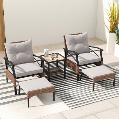 Costway 5 Piece Patio Furniture Set Outdoor Rattan Armchairs w/ Coffee Table & 2 Ottomans