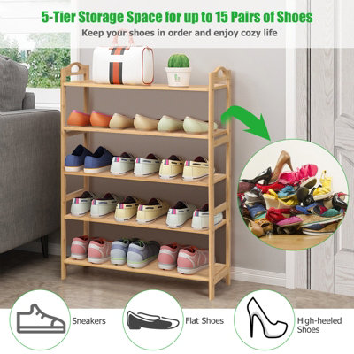 Costway 5-Tier Bamboo Shoe Rack Organizer Freestanding Wooden Display Shelf Plant Stand - 6