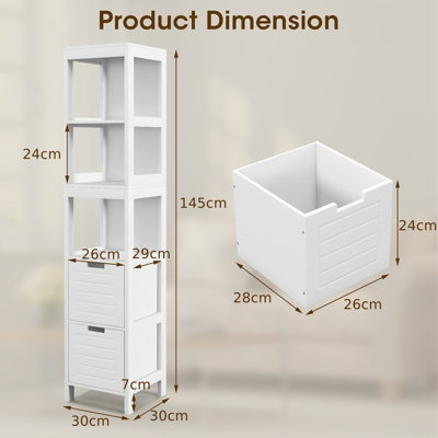 Costway Movable Bathroom Storage Cabinet Narrow Toilet Side Paper Holder w/ 2 Drawers