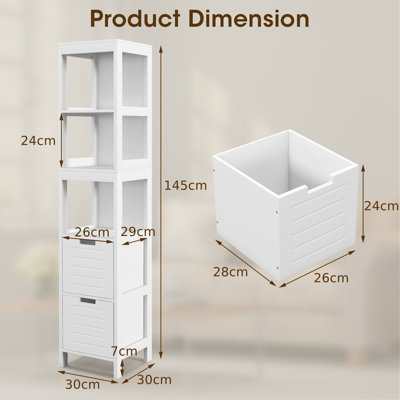 Costway 5-Tier Bathroom Tall Cabinet 145cm Storage Organizer Rack Stand Cupboard w/ 2 drawers