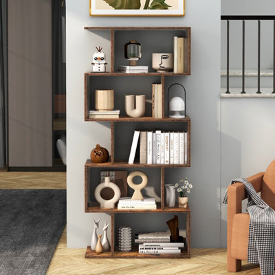 Rolanstar 5-Tier Bookshelf - Narrow Corner Storage Shelf In Rustic Brown