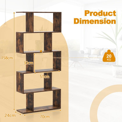 Costway 5-tier Bookcase S-Shaped Bookshelf Wooden Storage Display Rack - 3