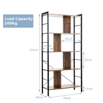 Costway 5-Tier Bookshelf Industrial Bookcase Freestanding Storage Display Shelf