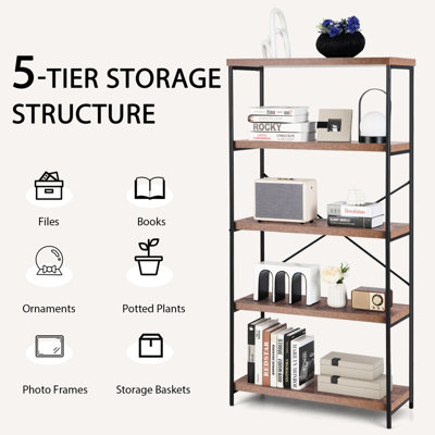 Costway 5-Tier Bookshelf Industrial Wood Bookcase Freestanding Display Rack Organizer - 5