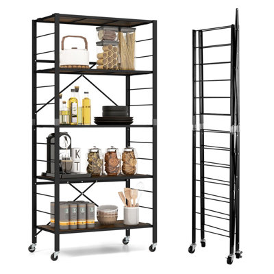 5-Tier Foldable Metal Storage Shelves With Wheels – Heavy Duty