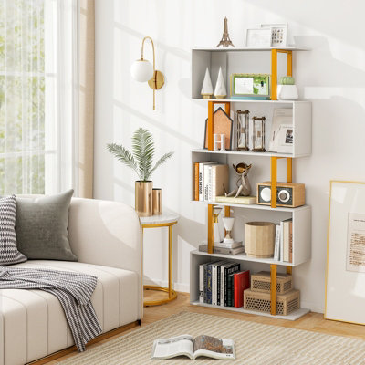 COSTWAY 5 Tier Geometric Bookcase 157 cm S Shaped Bookshelf with Metal Frame