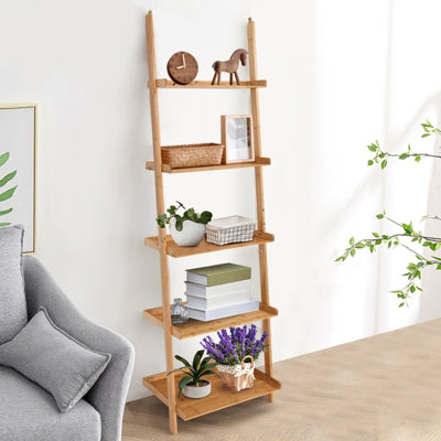 Costway 5-Tier Ladder Shelf Bamboo Bookshelf Wall-Leaning Storage ...