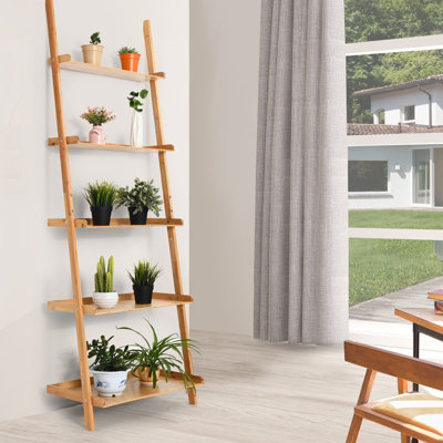 Costway 5 Tier Ladder Shelf Bamboo Bookshelf Wall Leaning Storage Display Plant Stand