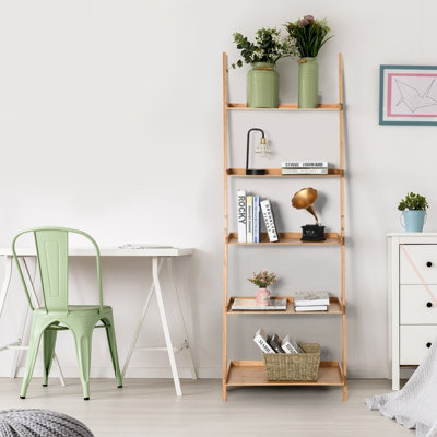 Costway 5-Tier Ladder Shelf Bamboo Bookshelf Wall-Leaning Storage Display Plant Stand - 5