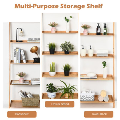 Costway 5-Tier Ladder Shelf Bamboo Bookshelf Wall-Leaning Storage Display Plant Stand - 6