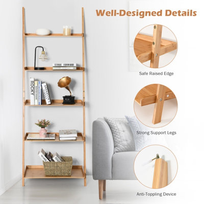 Costway 5-Tier Ladder Shelf Bamboo Bookshelf Wall-Leaning Storage Display Plant Stand - 8
