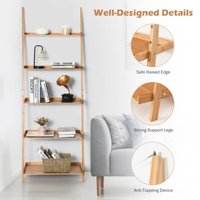 5-Tier Leaning Ladder Bookshelf Wood cheapest Storage Shelves