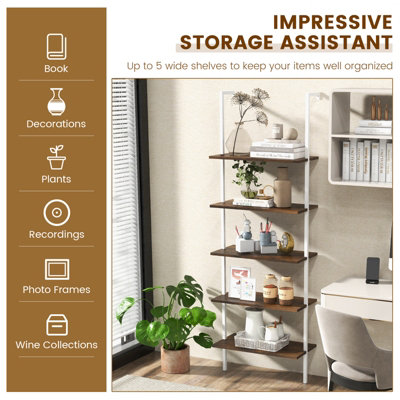 Bookshelf 5-Tier Wall Mount Ladder Storage Industrial high quality Bookcase Shelf Modern Wood