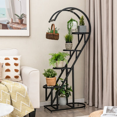 Costway 5 Tier Metal Plant Stand Heart-shaped Ladder Plant Shelf w/ Hanging Hook - 4