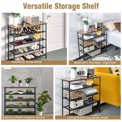 Costway 5-Tier Shoe Rack Industrial Shoe Organizer w/ Wooden Top Flat ...