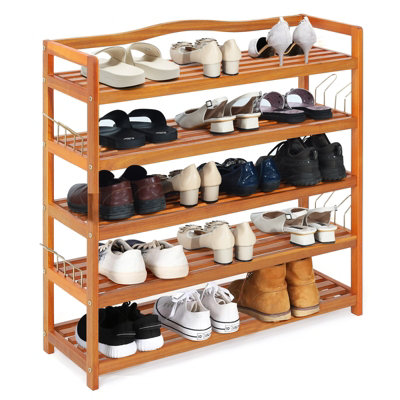 Costway 5-Tier Wood Shoe Rack Solid Shoe Storage Shelf Organizing Unit w/ Side Hooks