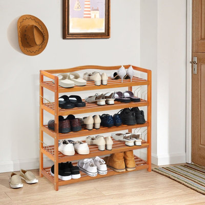 Costway 5-Tier Wood Shoe Rack Solid Shoe Storage Shelf Organizing Unit w/ Side Hooks - 3