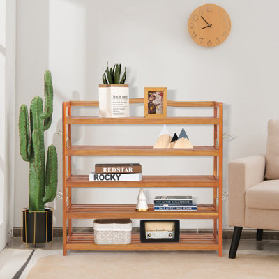 Costway 5-Tier Wood Shoe Rack Solid Shoe Storage Shelf Organizing Unit w/ Side Hooks - 4