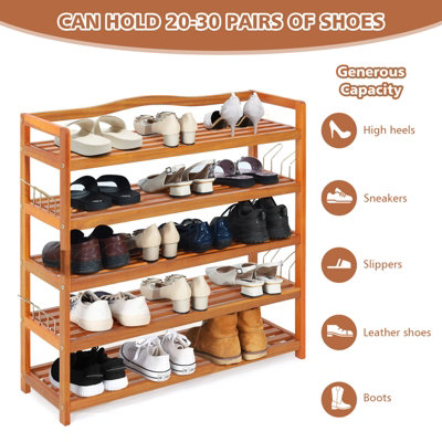 Costway 5-Tier Wood Shoe Rack Solid Shoe Storage Shelf Organizing Unit w/ Side Hooks - 5