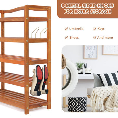 Costway 5-Tier Wood Shoe Rack Solid Shoe Storage Shelf Organizing Unit w/ Side Hooks - 6