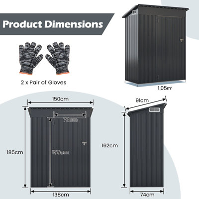 COSTWAY 5 x 3 FT All-Weather Garden Storage Shed Galvanized Metal Frame Tool House w/ Door