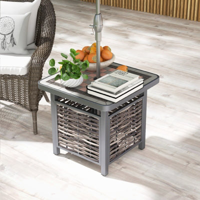 COSTWAY 55cm Outdoor PE Rattan Side Table Outdoor Coffee Table w/ Umbrella Hole