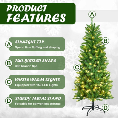 Costway 5FT Pre-Lit Artificial Christmas Tree Hinged Pencil Xmas Tree w/ 150 Warm Lights - 7