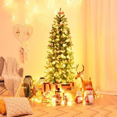 Costway 5FT Pre-Lit Artificial Christmas Tree Hinged Pencil Xmas Tree w/ 150 Warm Lights - 5