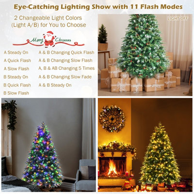 Goplus 5ft Pre-Lit Snowy Artificial Christmas Tree With 250 Color-Changing LEDs & Pine Cones - Easy Hinged Assembly