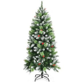 Costway 5FT Snow Flocked Christmas Tree Artificial Pine Xmas Trees with Red Berries