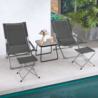 Costway 5PCS Patio Sling Chair Set Folding Beach Chair w/ Ottoman & Coffee Table - 3